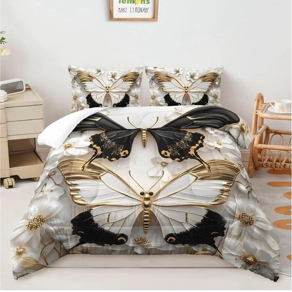 Black And White Butterfly Comforter Set Queen Size Gold Flower Butterfly Bedding
